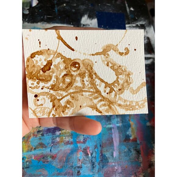 ART Other - Octopus coffee art original painting wildlife aceo atc artwork collectible